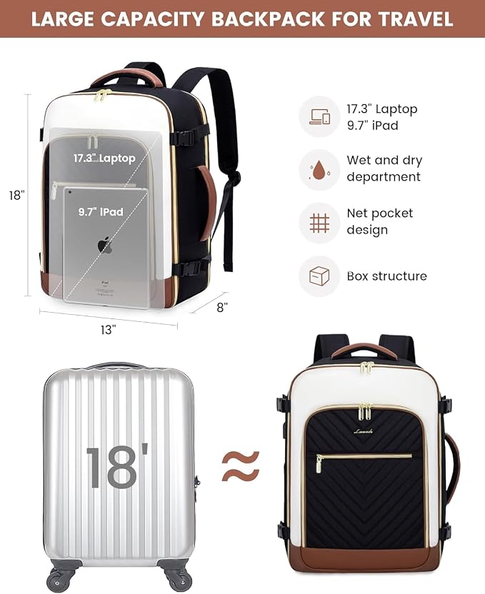 LOVEVOOK Large Travel Backpack for Women, TSA Carry on Backpack for Airplanes, 40L Personal Item Travel Bag for Women fits 17" Laptop,Waterproof Carry on Bag Airplane Approved with 3 Packing Cubes - Image 7