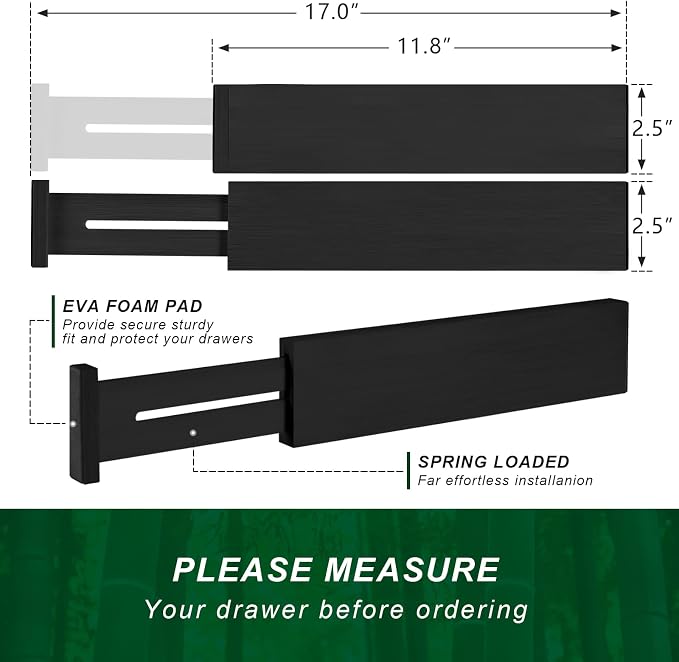 4 Pack Bamboo Drawer Dividers 2.6" High, Adjustable from 12 Inch to 17 Inch | Expandable Kitchen Drawer Organizer Separators for Clothes, Kitchen, Bedroom, Dresser, Office (Black) - Image 9