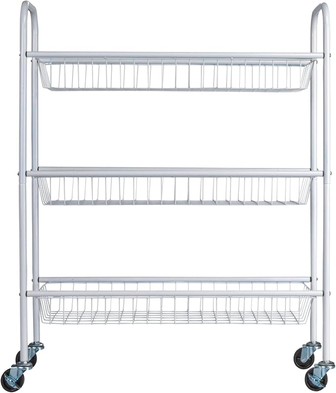 Household Essentials 3-Tier Slim Storage Cart, Heavy-Duty Steel Frame, Smooth Casters with Locks, Powder Coat Finish, Arched Handles, Easy to Assemble, Modern, Compact, White - Image 5