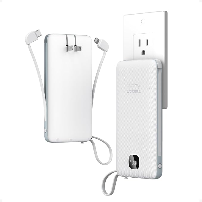 Portable Charger with Built in Cables,TESSAN 10000mAh Power Bank Fast Charging with Foldable Wall Plug Charger, PD20W Compact Battery Pack Travel Essentials for iPhone 17/16/15 Series,Samsung,Tablets | PD20W USB C Fast Charging with Foldable AC Outlets... by TESSAN