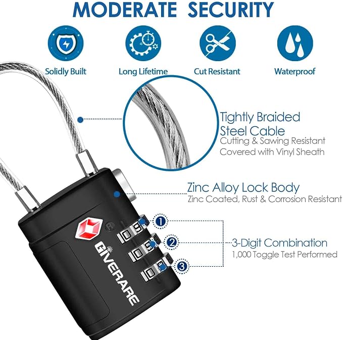 2 Pack TSA Approved Luggage Locks, Cable Travel Lock Alloy, Set Your Own Combination Metal Suitcase Zipper Padlock, 3-Digit Long Shackle Padlocks for Gym Locker, Golf Bag, Case Anti Theft-Black - Image 3