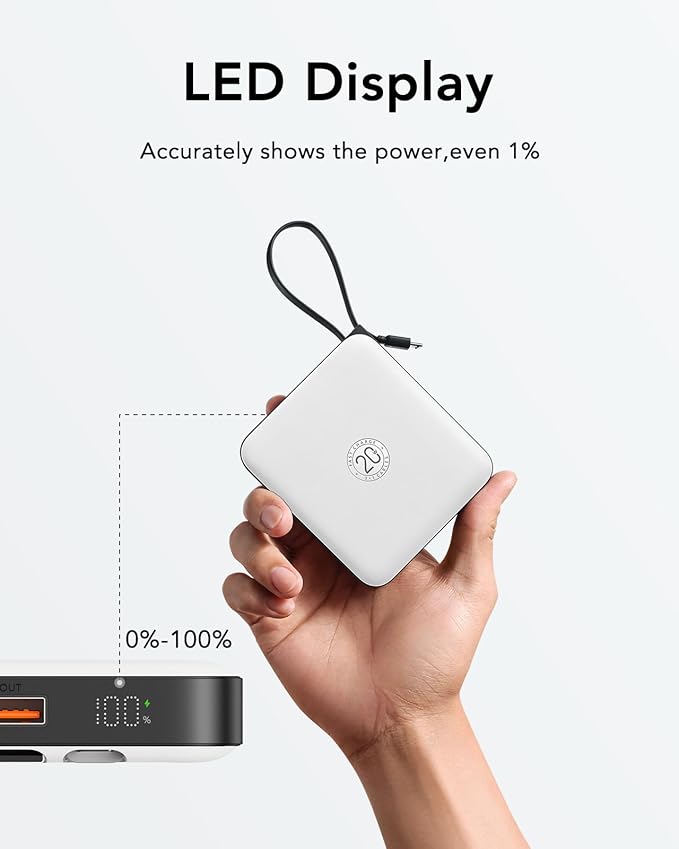 VRURC Battery Pack Portable Charger 10000mAh, 22.5W Fast Charging | Power Bank with Built-in Cable, LED Display for Cell Phone, for iPhone 17 16 15, Samsung Galaxy and USB-C Devices (White) - Image 3