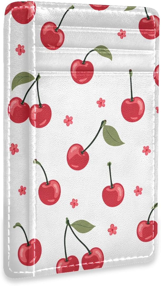 Front Pocket Minimalist Leather Slim Wallet Credit Card Holder Red Cherry for Men & Women by Unknown
