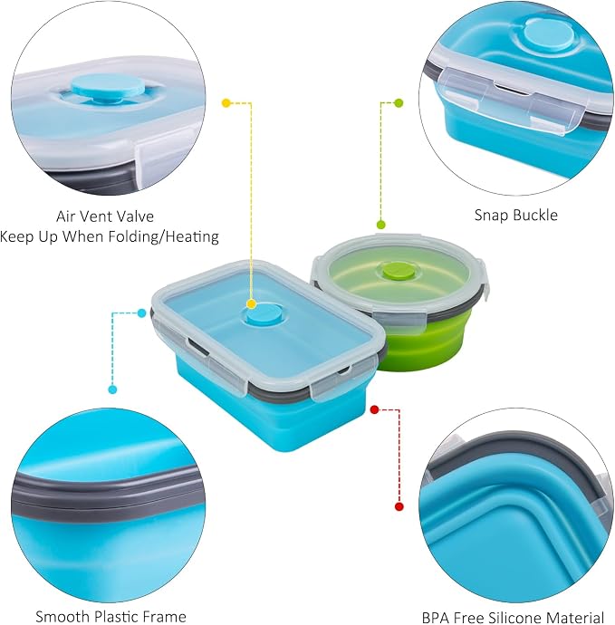 Collapsible Food Storage Containers with Lid & Air Vent, 8 Pack, 4 Rectangular + 4 Round, Annaklin Foldable Silicone Lunch Containers Collapsible Bowls Set, Microwave Freezer Dishwasher Safe, 4 Colors - Image 6
