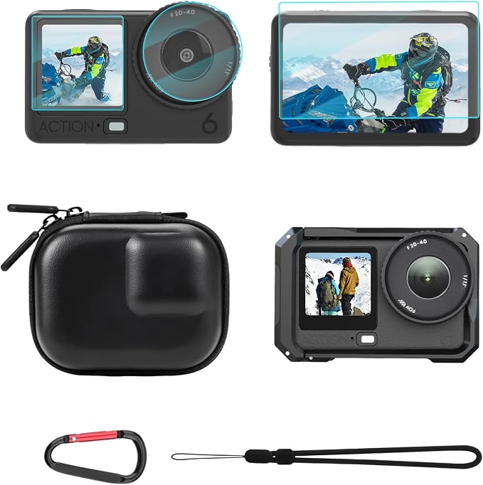 BRDRC Action 6 Camera Cage + Screen Protector+ Carrying Case (for Frame) Accessories Kit, Protective Metal Cage Portable PU Hard Bag Tempered Glass Lens Film for DJI Osmo Action 6 Protective Bundle by BRDRC