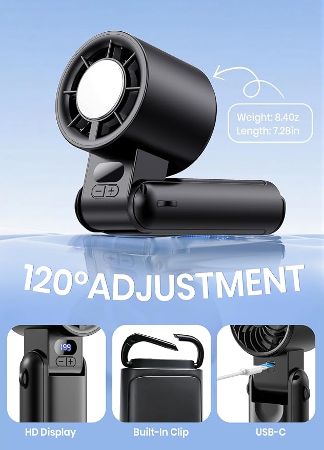 Portable Handheld Turbo Fan, 1-199 Speed Adjustable, Dark Black | 4 IN 1 Pocket Design with LED Display, High-Power Motor, Rechargeable Battery, Mini Fans for Indoor/Outdoor/Travel/Work - Image 6