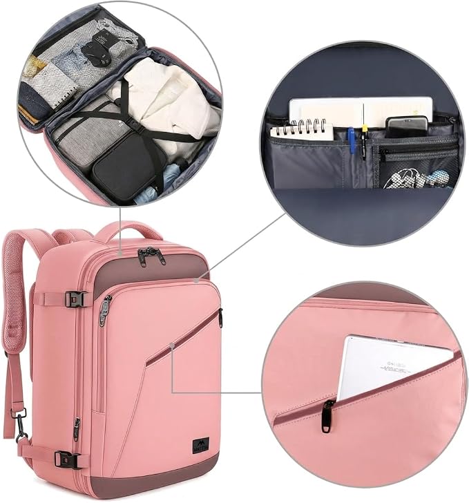 MATEIN Pink Grey Travel Backpack for Women, Flight Approved Carryon Daypack | Large Travelling Bag with Chest Strap for Womens, 40L, Cute Casual Daypack for Overnight, Outdoors, Business, Water Resistant - Image 8