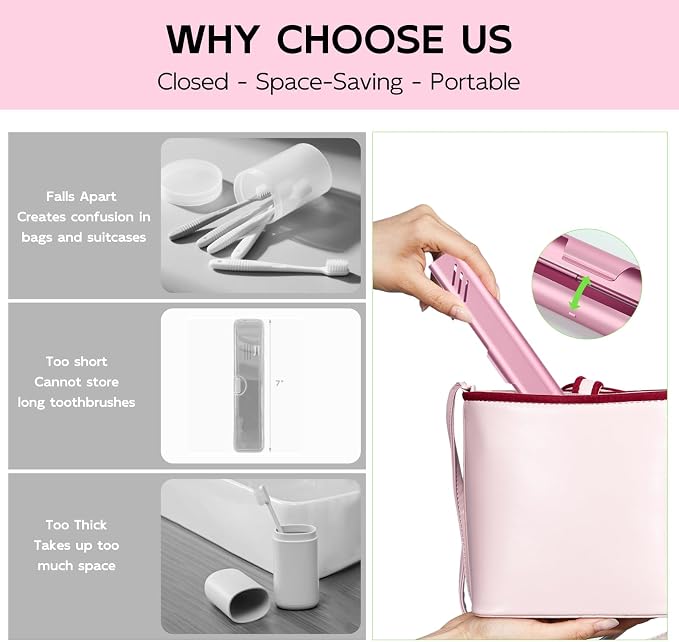 Travel Toothbrush Case, Portable Toothbrush Holder, Durable Aluminum Toothbrush Storage Box, Small Breathable Manual Toothbrush Container for Traveling, School, Camping, Business Trip - Pink - Image 3