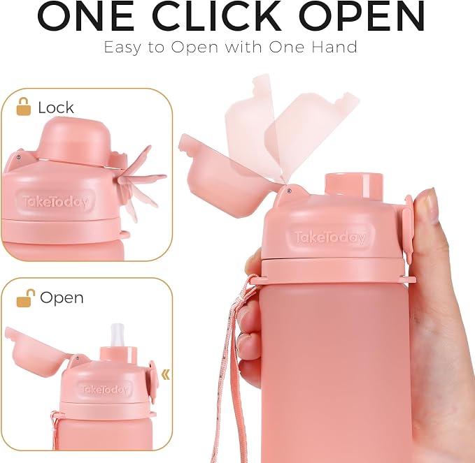 TakeToday Collapsible Water Bottles 21oz (600mL), Foldable Platinum Silicone Travel Water Bottle with Straw & Carry Strap, Leak-Resistant Screw Lid, Wide Mouth, BPA-Free for Hiking, Camping, Travel - Image 6