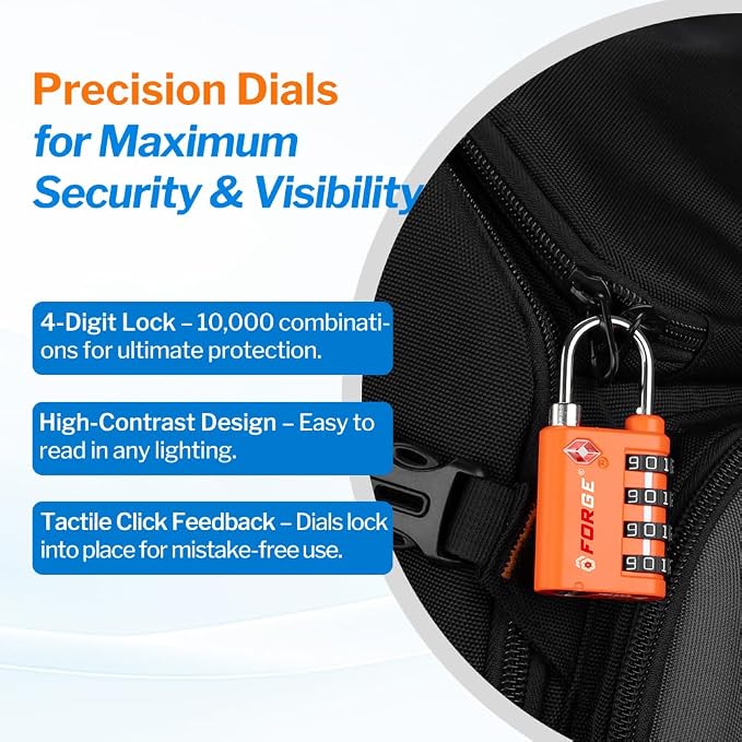 Forge Dual-Opening: Key or Combination Lock, TSA Approved Lock for Luggage, Pelican case, Travel, Gym, School, Luggage Combination Lock, Travel Bag Lock (4 Colors 4 Pk) - Image 4