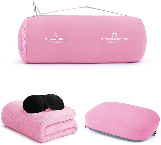 urnexttour 4-in-1 Travel Pillow & Blanket Set with Eye Mask, Memory Foam Neck Support, 50x65 Inch Blanket, Storage Bag for Airplane, Car, Train, Home Travel Pink by Urnexttour