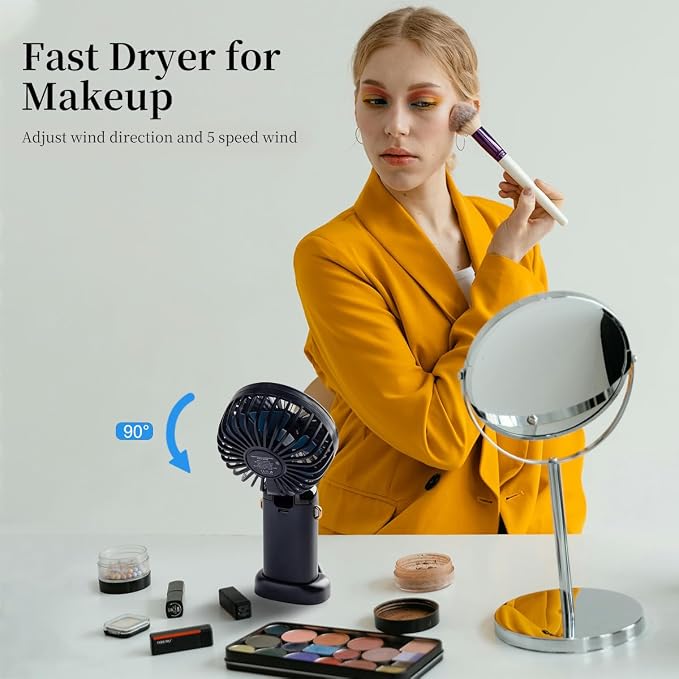 Portable Handheld Fan, 12 hours, Upgrade 3200mAh Portable Fan with LED Display, 90° Foldable, 5 Speed Wind,Hand Held/Neck/Desk 3 in 1 Personal Small Fans, Makeup Fans for Women (Dark Blue) - Image 3