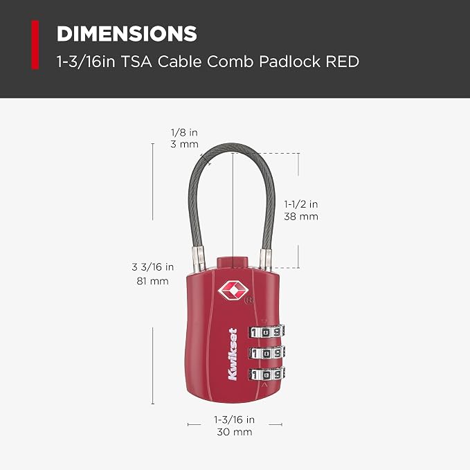 Kwikset TSA Approved Combination Luggage Lock with Cable, 2-Pack, Red | Cable Shackle Fits Odd Zipper Pulls and Duffel Handles; Pair of Resettable Locks, 1-3/16 in Body - Image 3