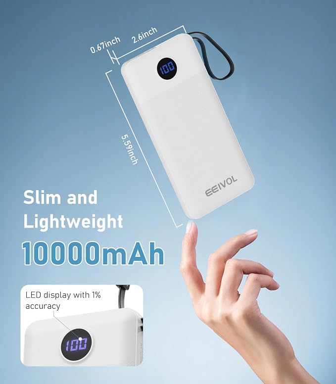 Portable Charger with Built in Cables, Slim 10000mAh Power Bank, USB C Battery Pack Travel, 4 Output 2 Input External Charging Bank for iPhone 17/16/15/14/13,Samsung, Android, etc-White(1 Pack) - Image 4