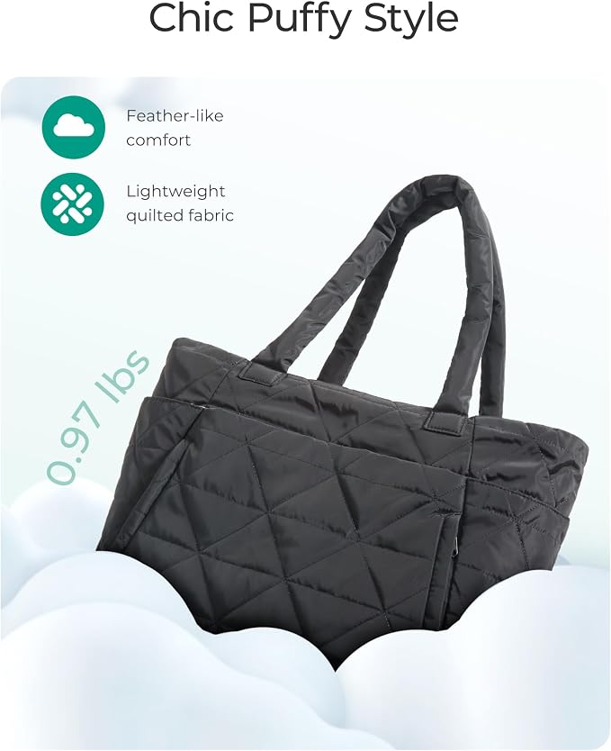 BAGSMART Tote Bag for Women, Puffer Tote Bag with Zipper, Large Quilted Shoulder Bag with Compartments for Travel, Work, Gym - Image 6