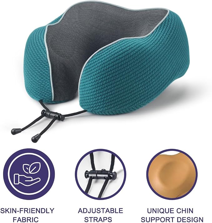 napfun Neck Pillow for Travel with Travel Pouch, Sleep Mask & Earplugs, Memory Foam Airplane Pillow for Headrest Sleep with Eyeshades, Plane Essentials with Eye Blindfold, Teal Striped Kit - Image 3