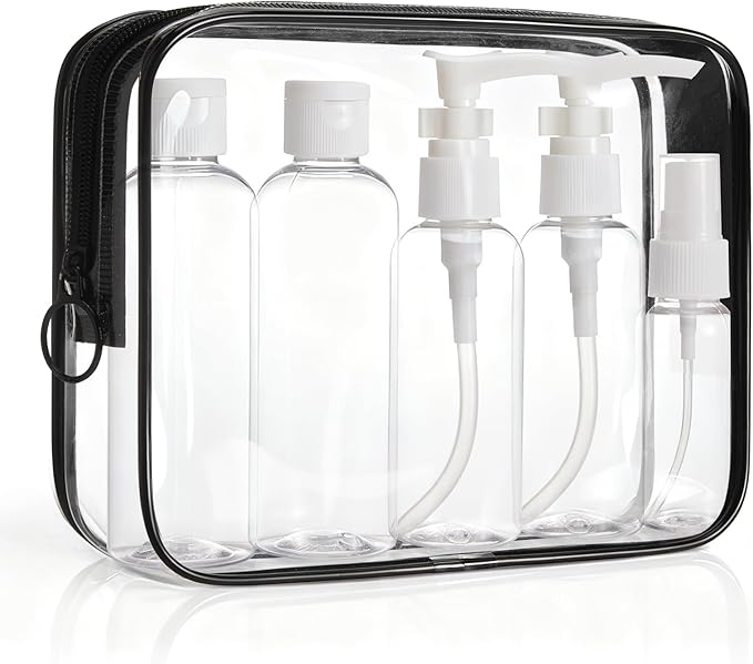 BAGSMART Clear Toiletry Bag with Refillable Travel Bottles Set, Black | 7-Pack TSA Approved Travel Bag, Water Repellent Carry on Travel Accessories Bag, Airport Airline Quart Size Bags by BAGSMART