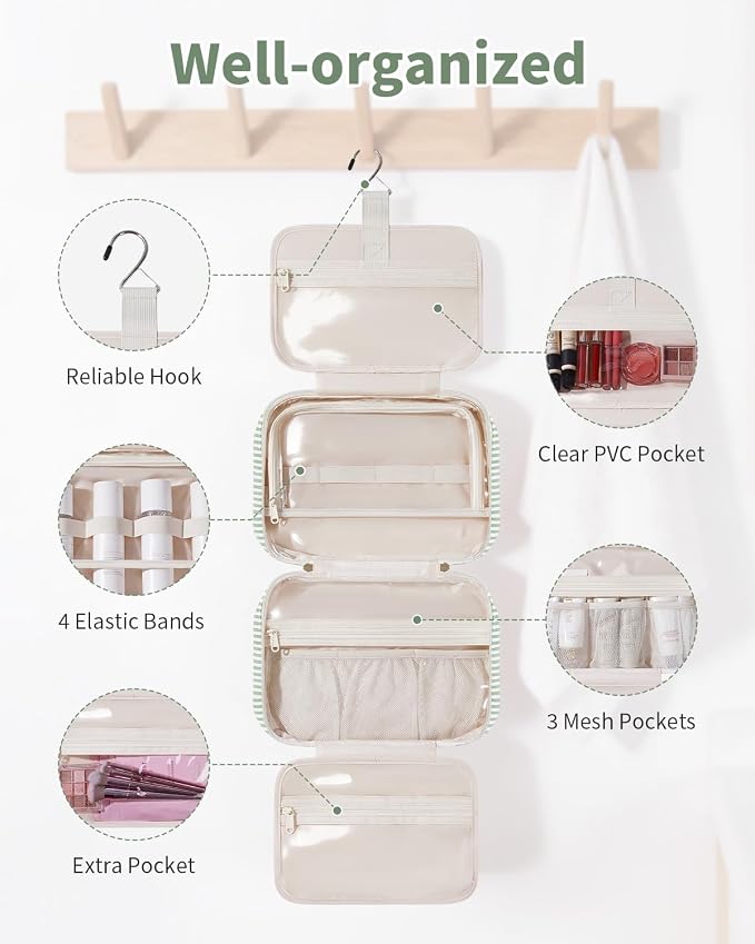 Narwey Striped Hanging Travel Toiletry Bag, Makeup Bag Organizer Make up Toiletries Bags for Full Size Essentials, Accessories, Brushes, Cosmetics (Mint Green Stripe, Large) - Image 3