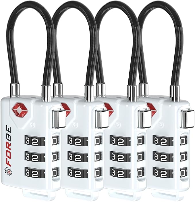 TSA Approved Cable Luggage Locks, Re-settable Combination with Alloy Body (White 4 Locks) by Forge