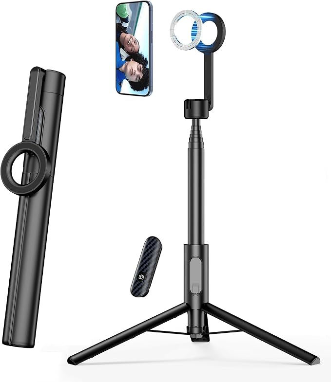 Magnetic Phone Tripod for iPhone 64" Selfie Stick | Tripod Stand with Remote and Metal Ring for Cell Phone Video Recording/Photography/Vlogging (Balck) by SEAJIC