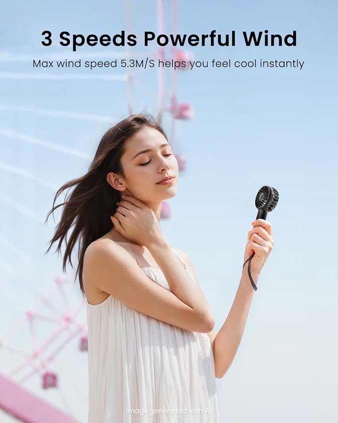 Gaiatop Mini Portable Handheld Fan, Travel Essentials for Women Girl Black | 3 Speed Powerful, Battery Operated, Small USB Rechargeable, 3.3 oz Small Personal Fan for Makeup Eyelash Camping Beach Cruise - Image 2