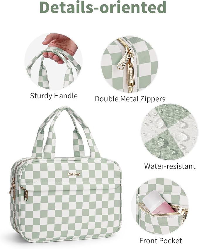 Narwey Hanging Toiletry Bag for Women Checkered Travel Makeup Bag Cosmetic Make Up Organizer Toiletries Bag for Travel Essentials Accessories (Mint Green Checkerboard, Medium) - Image 4