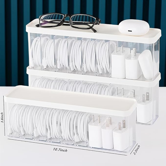Charger Cable Cord Storage Organizer Box - Easy Storage Without Cable Ties | Stackable,with Lid,Dust-Proof,Space Saving,6 Standard Space and 1 Larger Space,for Home Office Desk Accessories Supplies - Image 2