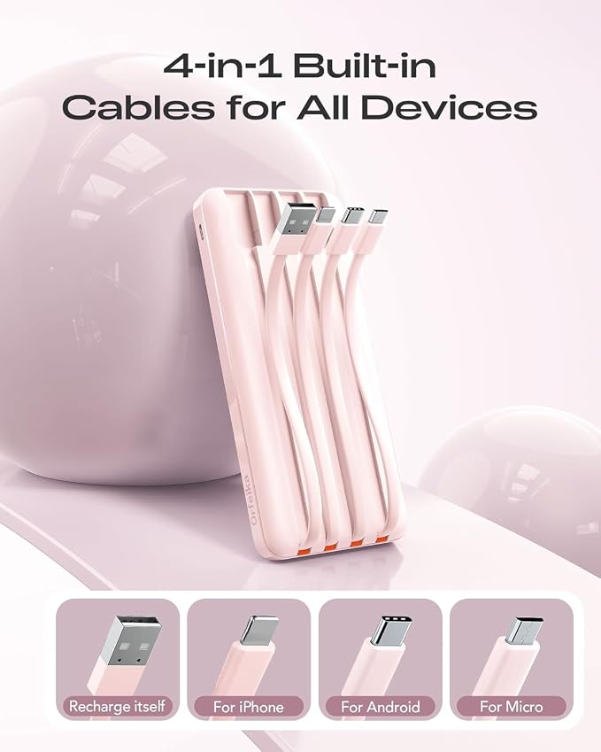 Orfeika 20000mAh Power Bank, Portable Charger with 4 Built-in Cables | 20W PD USB C Fast Charging,6 Outputs,LED Display,Flight-Safe,Travel Essentials Battery Pack for iPhone, Galaxy, iPad & More - Image 3