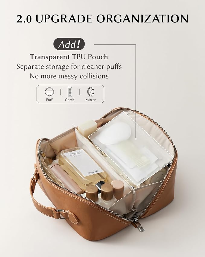 EACHY Travel Makeup Bag for Women, Provence Cosmetic Bag, Brown, Medium | Provence-style organizer with TPU brush holder, extra pockets and wipe-clean exterior for makeup and travel essentials - Image 3
