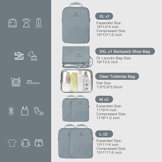 PFEYRPK Lightweight Compression Packing Cubes for Suitcases, Compressible Expandable Travel Packing Organizer with Clear Toiletries and Backpack Bag, Travel Essentials for Carry on Luggage 7 Set - Image 7