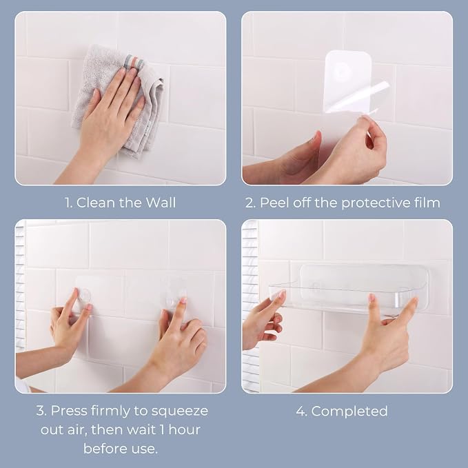 Long Adhesive Wall Organizer Shelf, No-Drill, Clear | BPA-Free PET, Built-In Drain Holes, Detachable, Extended Storage for Shampoo Bottles, Body Wash, Spice Jars - Image 8