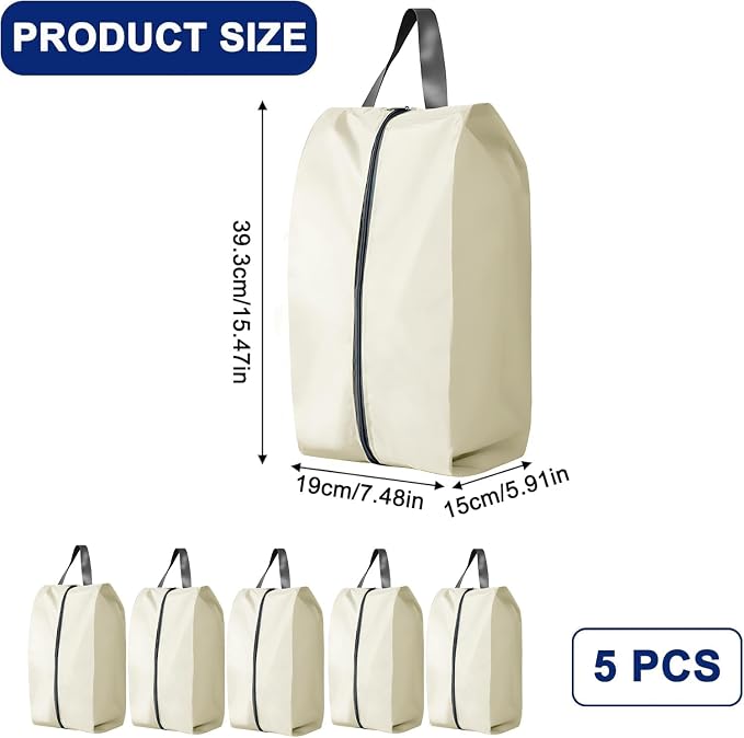 5Pcs Large Travel Shoe Bags Portable Travel Gifts Shoe Organizer with Zipper Closure, Waterproof Nylon Shoe Storage Organizer with Handle Travel Bags For Men and Women, Beige - Image 2