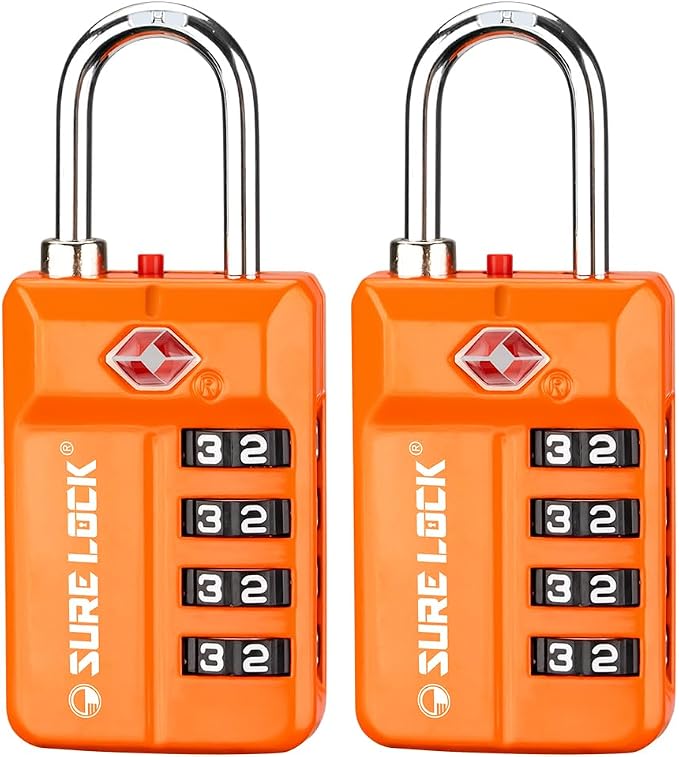 SURE LOCK TSA Approved 4-Digit Resettable Combination Luggage Locks with Open Alert, Easy-Read Dials - for Luggage, School Lockers, Gym, Office, Toolbox & Security Cases (Orange 2 Pack) by Hopeyoucanstaysafe