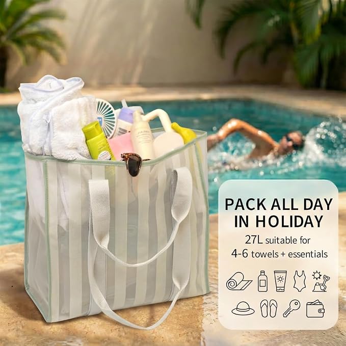 MOMINSIDE Beach Bags for Women Mesh Beach Bag - Large Grocery & Beach Tote Bag with Zipper, 2 Insulated Pocket, Hat & Towel Clips, Foldable Swim Bag Pool bag for Toys, Towels & Vacation Essentials - Image 3