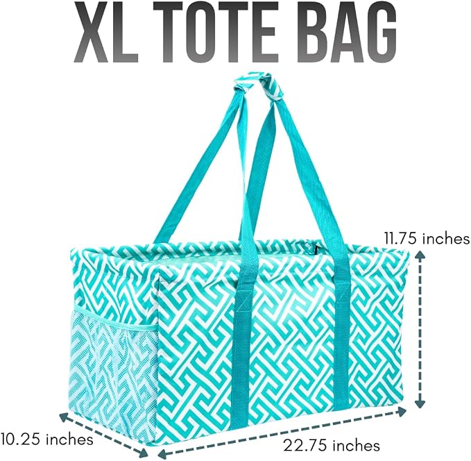 Extra Large Utility Tote Bag - Oversized Collapsible Reusable Wire Frame Rectangular Canvas Basket With Two Exterior Pockets For Beach, Pool, Laundry, Car Trunk, Storage - Geometric Teal - Image 4
