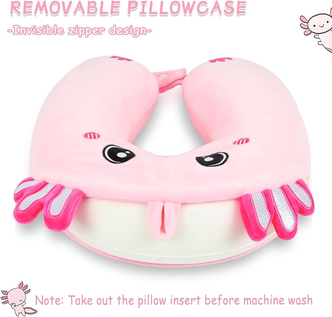 Travel Pillow, Kids Travel Pillow with Sleep Eye Mask Soft Memory Foam Kids Neck Pillow for Boys & Girls, Travel Accessories for Car Airplane Traveling - Axolotl - Image 4