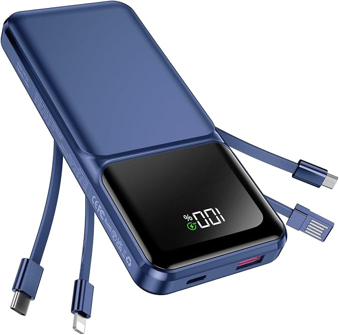 RONEGN Portable Charger with Built in Cable 20000mAh Fast Charging | Power Bank USB C Slim 22.5W LED Display Battery Pack 5 Outputs & 3 Inputs for Travel Essentials iPhone Samsung Phones Blue by RONEGN
