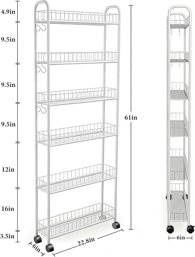 Slim Rolling Storage Cart with Wheels, 6in 6 Tier White | Narrow Space Shelving Unit, Metal Wire Mobile Organizer Rack for Kitchen Bathroom Office Laundry - Image 5