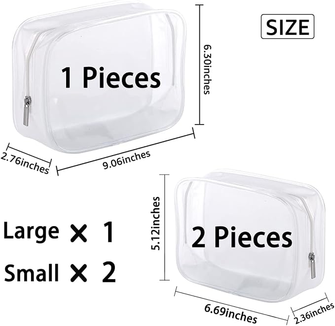 3 Pack Clear Plastic Zippered Toiletry Carry Pouch TSA Approved Toiletry Bag Portable Cosmetic Makeup Bag for Vacation, Bathroom and Organizing (White 3Pcs, Small/Large) | TSA Approved, Portable Cosmetic Makeup Bag, For Vacation, Bathroom and Organizing - Image 2