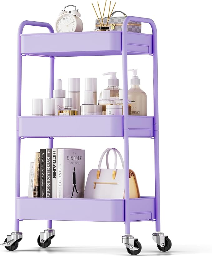 TOOLF 3 Tier Metal Rolling Cart, Utility Storage Cart with Wheels, Purple | Screwless Assembly, Lockable Metal Wheels, Trolley Organizer for Bathroom, Kitchen, Office, Dorm, Laundry, Craft Room by TOOLF