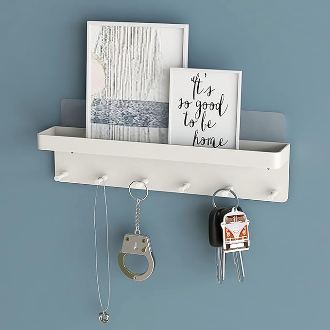 MKO Key Holder Wall Mount, Adhesive Key Hanger with 6 Hooks for Wall, White | Metal Material, Key Rack with Shelf, Wall Mount, Mail Organizer Tray, Suitable for Entryway, Hallway, Living Room - Image 3