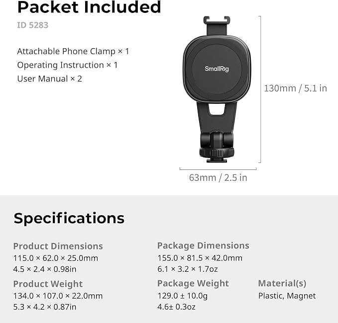 SMALLRIG AC-10 Magnetic Attachable Phone Clamp, Phone Mount with Cold Shoe Mount and 1/4"-20 Threaded Hole, for iPhone 17/16 / 15/14 / 13/12 Series, 90° Tilt for Recording, Live Streaming-5283 - Image 8