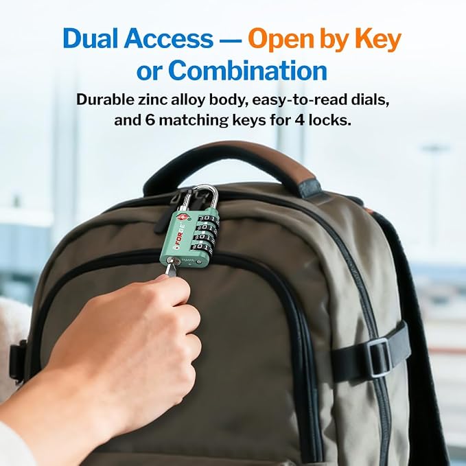 Forge Dual-Opening: Key or Combination Lock, TSA Approved Lock for Luggage, Pelican case, Travel, Gym, School, Luggage Combination Lock, Travel Bag Lock (Green 4 Pk) - Image 2