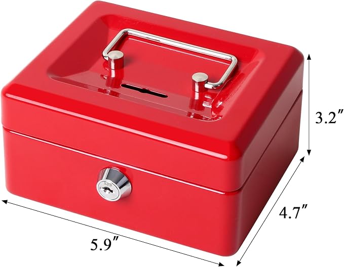Jssmst Small Lock Cash Box, Locking Money Box for Kids with Slot on Top, Red Lock Box, 5.91 x 4.72 x 2.95 inches, CB003-R - Image 3