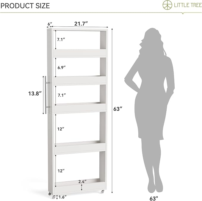 LITTLE TREE 63-Inch Slim Storage Cart on Wheels, 5-Tier Tall Narrow Mobile Shelf Organizer, Rolling Utility Cart with Metal Handle for Kitchen, Dining Room, Small Spaces, White - Image 2