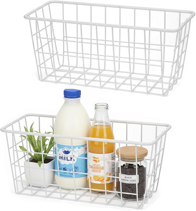 2 Set LeleCAT Hanging Wall Basket Organizer Over the Cabinet Door Adhesive Wire Baskets for Organizing Kitchen Food Pantry Bathroom Shelf Storage No Drilling Wall Mounted,White by HomeSpaceStorageBasket