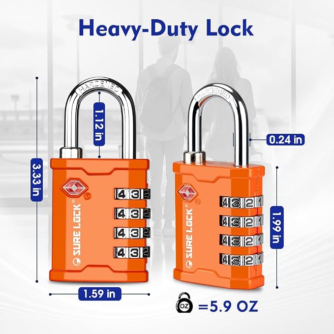 SURE LOCK TSA Approved 4 Digit Combination Lock, Heavy Duty Padlock with Red Dot Indicator for Gun Cases, Pelican Cases, Tool Boxes, Gym Lockers, Storage Units & Outdoor Gates (2, Orange) - Image 5