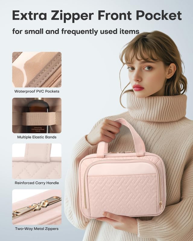 HOTOR Hanging Travel Toiletry Bag Women Men, Pale Pink, Large | Waterproof Makeup Bag Hanging Hook,Multiple Pockets,Travel Essentials,12.6 x 4.3 x 9.9inches - Image 5