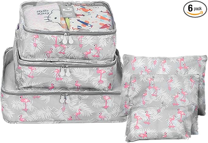 6 Set Packing Cube Luggage Organizer Pouch, Travel Storage Bags Organizer Set, Clothes Packing Cubes Laundry Pouch Suitcase Organizer Bags for Travel Carry On Luggage Packing (Blue Flamingo) by GUIFIER