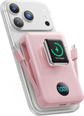 Magnetic Portable Charger 10800mAh with Built-in Cables,Wireless Power Bank for Magsafe,25W PD Fast Charging USB-C Travel Essentials Battery Pack for iPhone 17/16/15/14/13/12 Series,Apple Watch-Pink by HETP